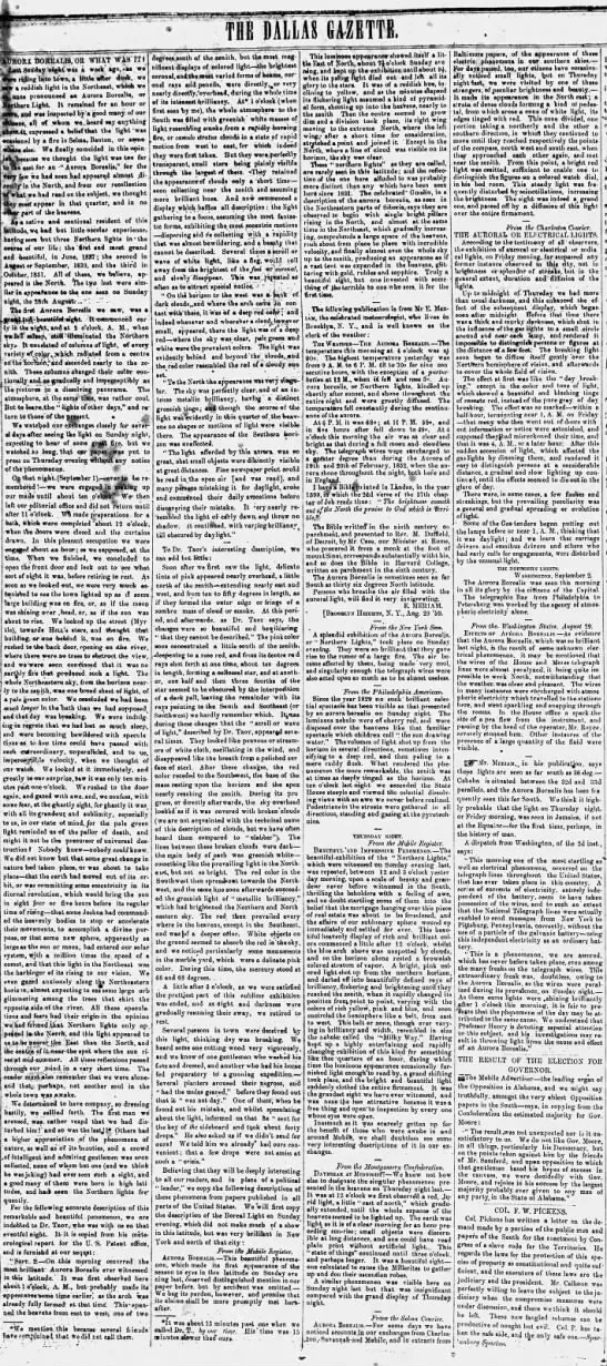 Carrington Event in The Cahaba Gazette of Cahaba, Alabama on September 9, 1859