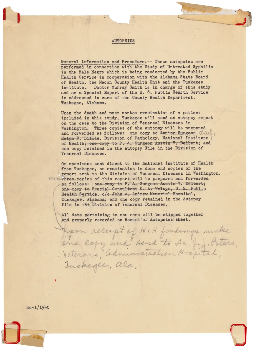 Document from Tuskegee Syphilis Study, requesting that after test subjects die, an autopsy be performed, and the results sent to the National Institutes of Health