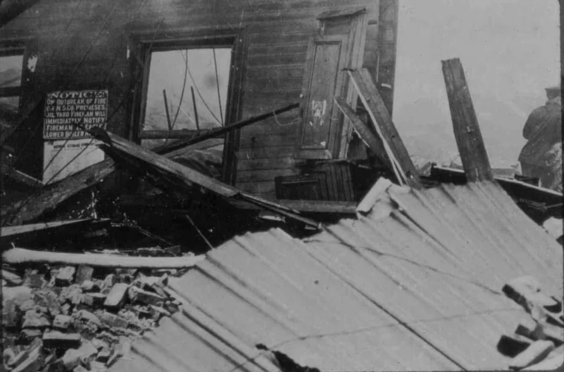 Aftermath of the Black Tom explosion, an act of sabotage on American ammunition supplies by German agents which took place on July 30, 1916 in Jersey City, New Jersey.