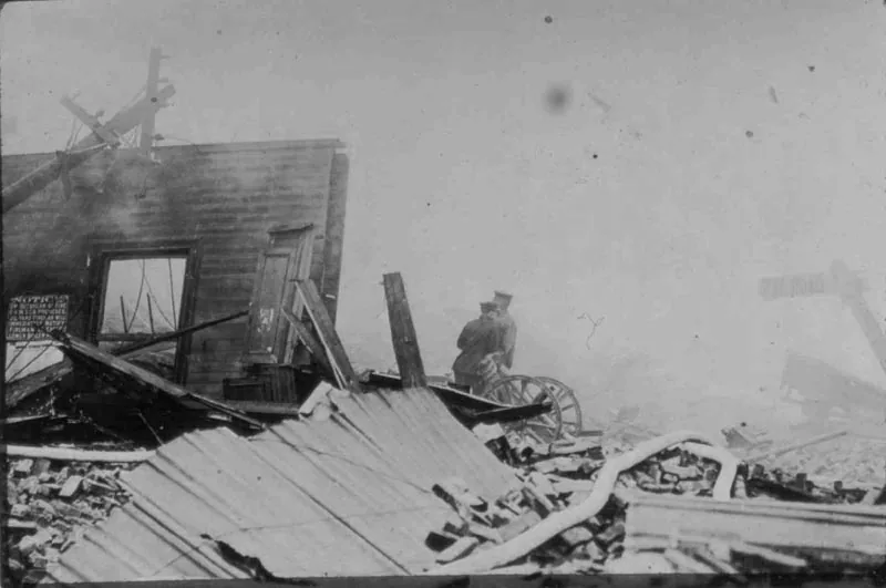 Aftermath of the Black Tom explosion, an act of sabotage on American ammunition supplies by German agents which took place on July 30, 1916 in Jersey City, New Jersey.