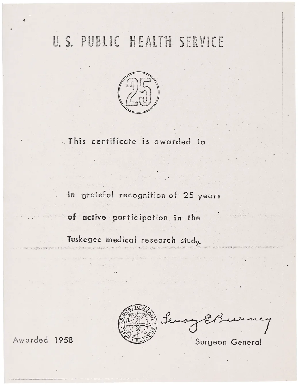 Thank you letter sent by the U.S. government to test subjects of the Tuskegee Syphilis Study