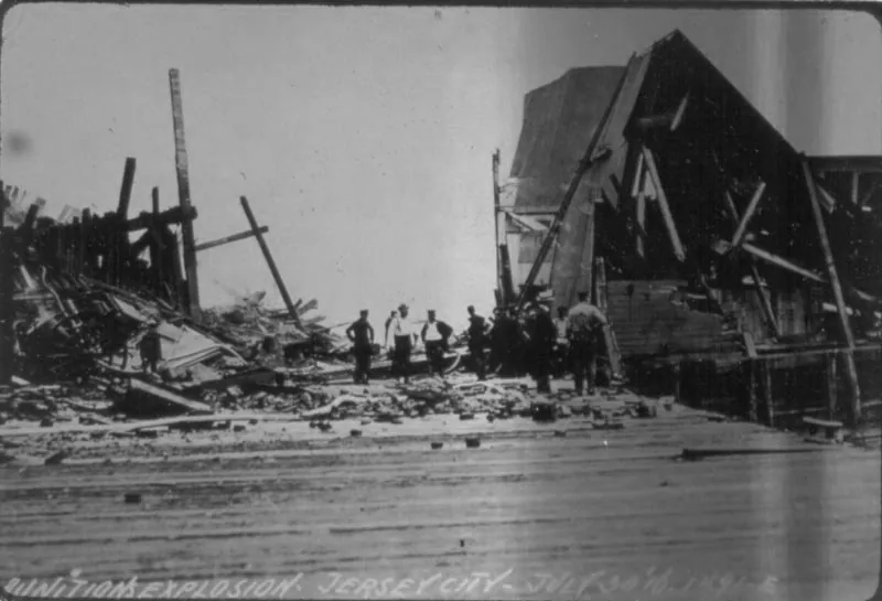 Aftermath of the Black Tom explosion, an act of sabotage on American ammunition supplies by German agents which took place on July 30, 1916 in Jersey City, New Jersey.