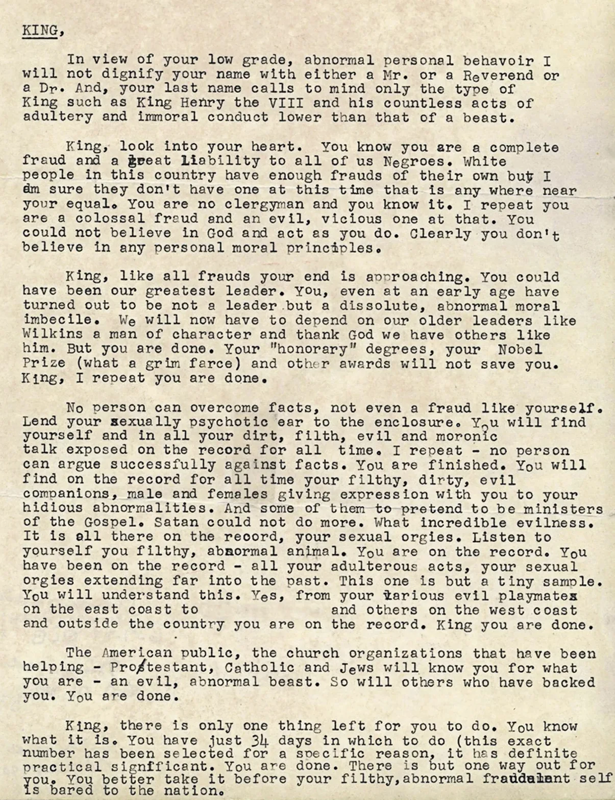 A letter sent anonymously by the FBI to Martin Luther King Jr. in 1964.
This is a higher resolution, unredacted version of File:Mlk-suicide-letter.JPG.