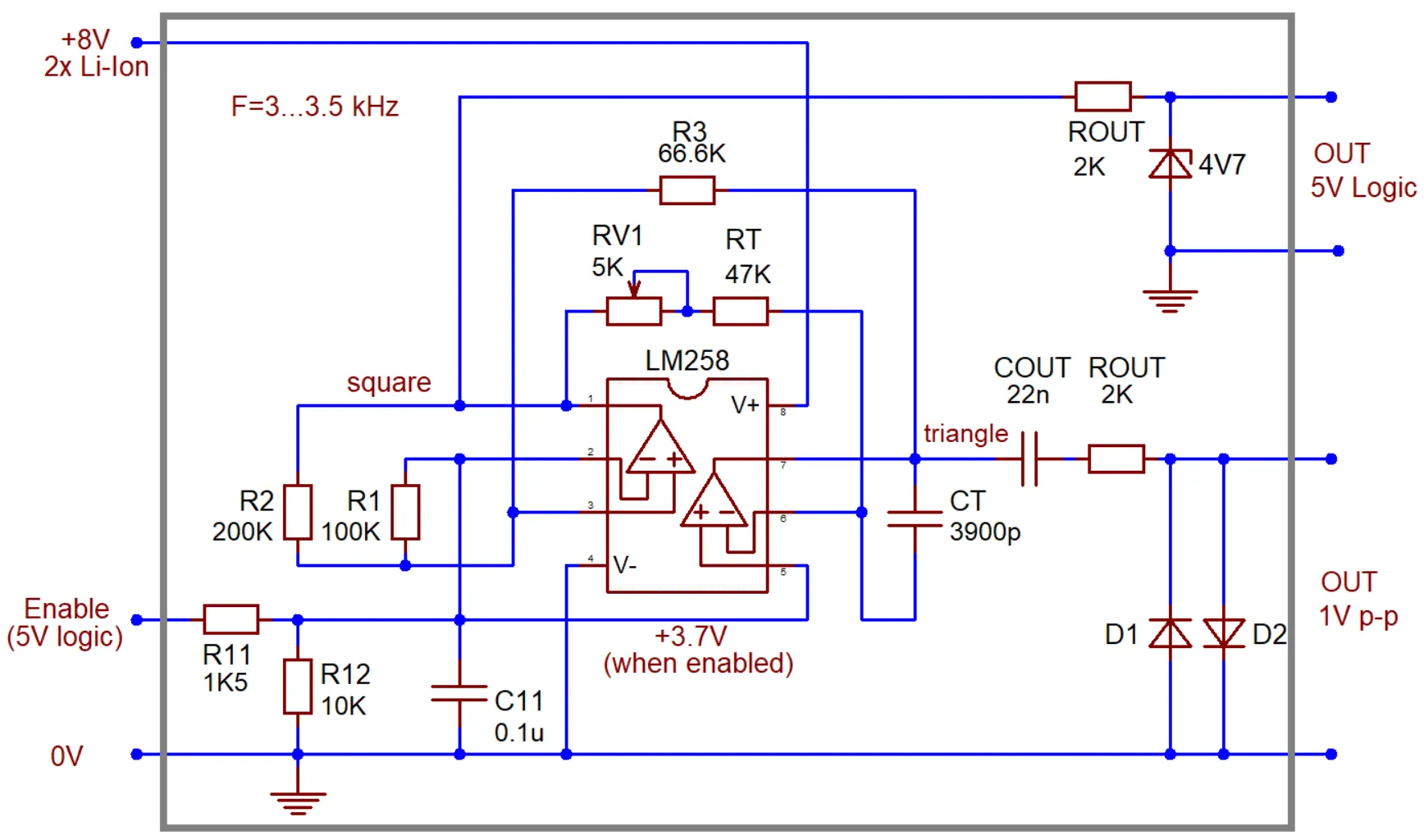 3-3.5 kHz tone generator for arduino-based wow-flutter meter powered from two lithium cells (7.5...8.5V). The arduino's own timers are busy with processing input signal, so the use of PWM output (while far more stable in frequency and level