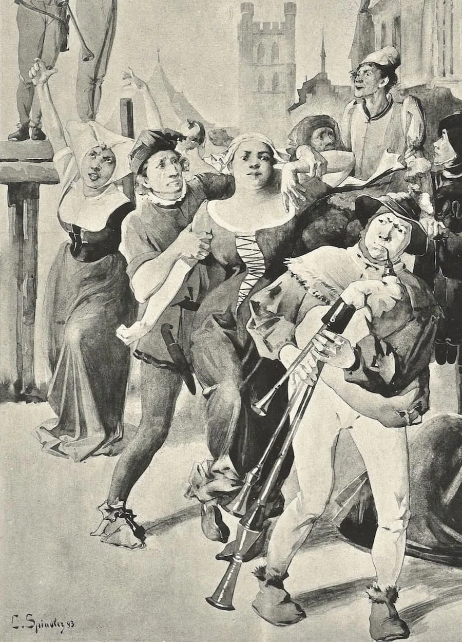 Représentation de l'épidémie dansante de 1518 (détail) publiée par Charles Spindler dans la revue Elsässer Bilderbogen : Images alsaciennes, en 1893