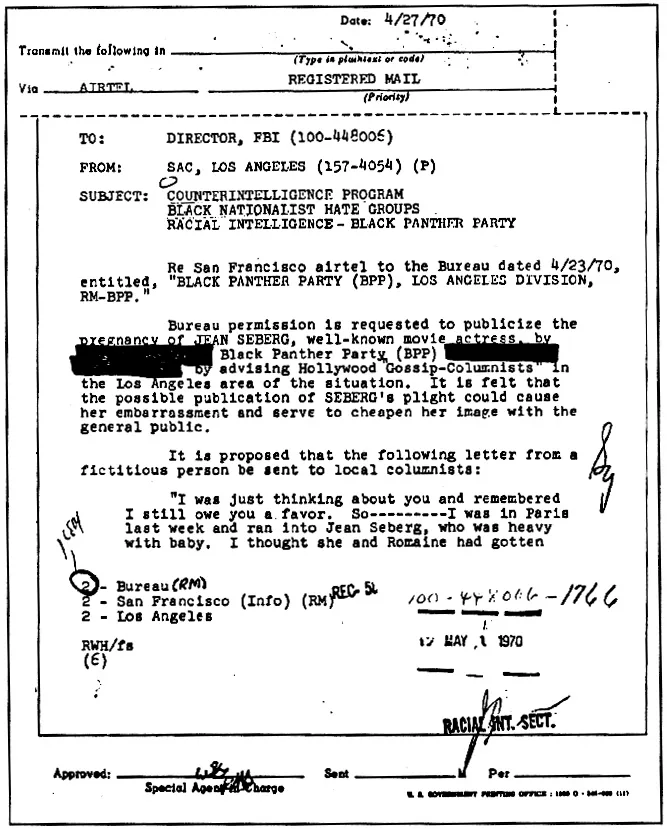 Exchange of information between FBI HQ and FBI Los Angelese, in plans to defame Jean Seberg.