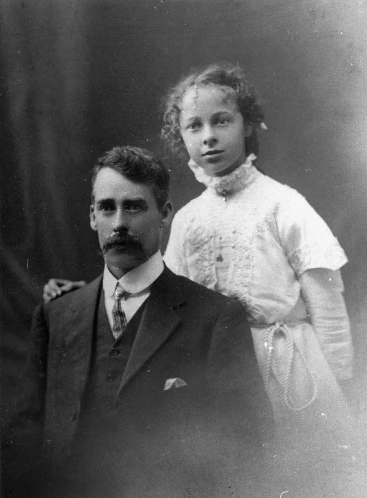 William F. Bell with daughter Ivy Bell, 1912
Ivy Bell later became Ivy Chadwick. Mr William F. Bell of Buderim was involved with the first Mooloolaba Surf Life Saving . (Description supplied with photograph.).