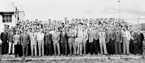 Group of 104 German rocket scientists in 1946, including Wernher von Braun,[1] Ludwig Roth and Arthur Rudolph, at Fort Bliss, Texas.  The group had been subdivided into two sections:  a smaller one at White Sands Proving Grounds for test la