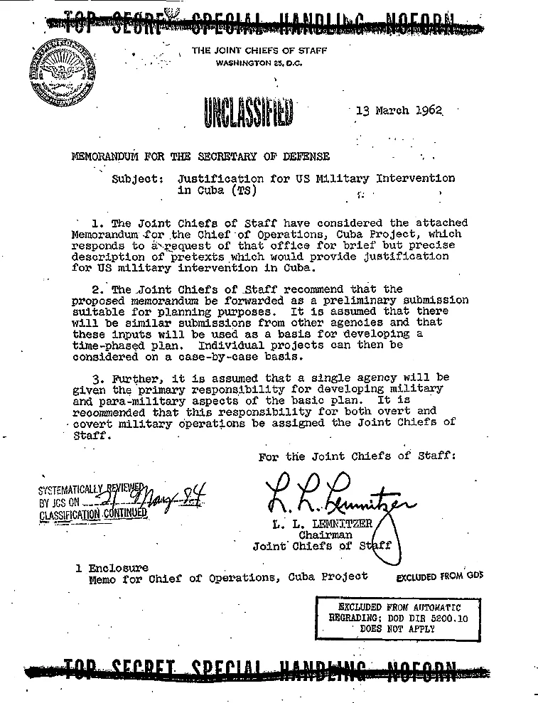 Actual photo of the Northwoods Memorandum for the U.S. Secretary of Defense (March 13, 1962) titled: "Justification for U.S. Military Intervention in Cuba (TS)".