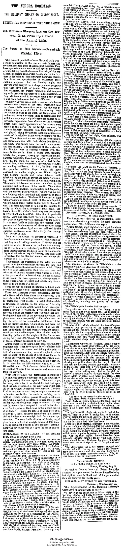 Carrington Event in the New York Times on August 30, 1859