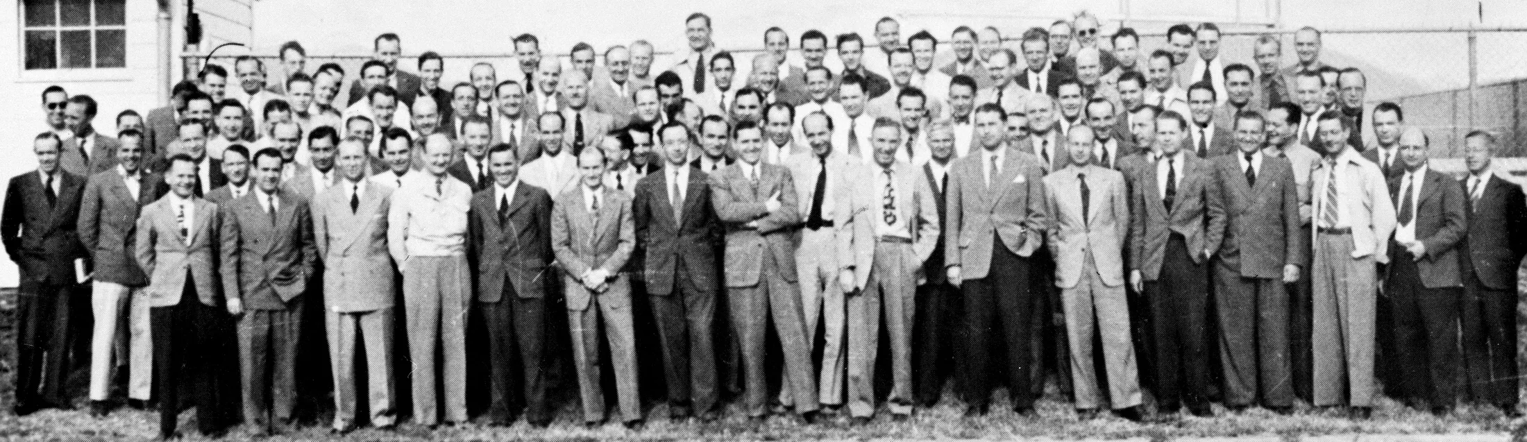 Group of 104 German rocket scientists in 1946, including Wernher von Braun[1] and Arthur Rudolph.  The group had been subdivided into two sections:  a smaller one at White Sands Proving Grounds for test launches and the larger at Fort Bliss