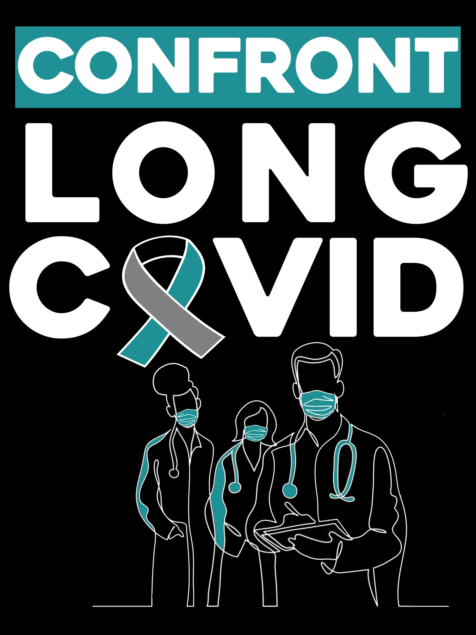 "Confront Long Covid" with illustration of three medical workers wearing face masks