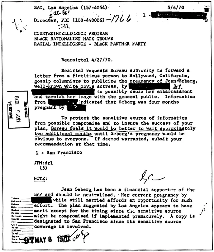 A COINTELPRO document outlining the FBI's plans to 'neutralize' Jean Seberg for her support for the Black Panther Party