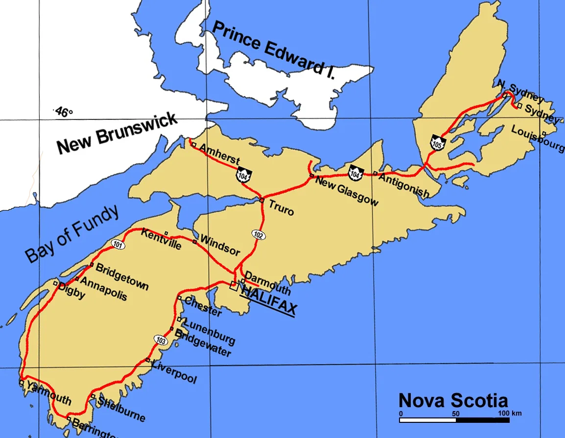 Base map of Nova Scotia, Canada, with major cities and roads