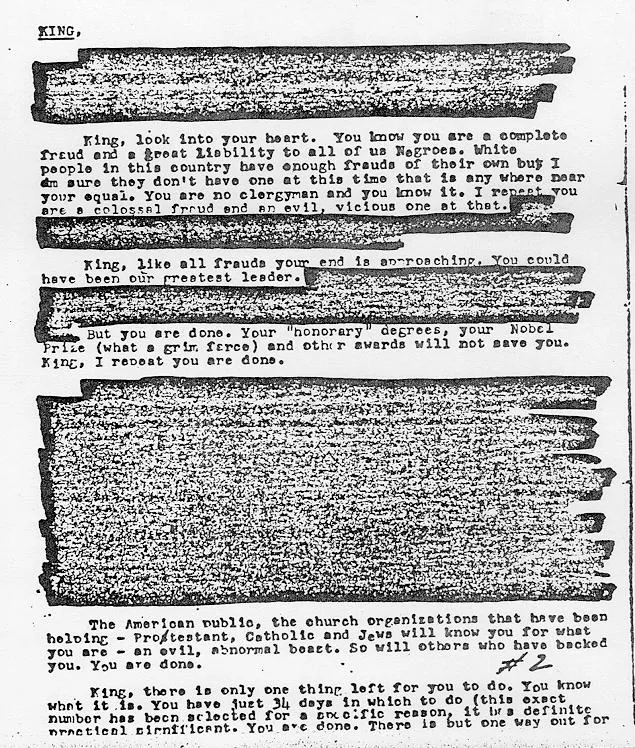 Anonymous letter sent from the Federal Bureau of Investigation to Martin Luther King, Jr., urging the civil rights leader to kill himself.
