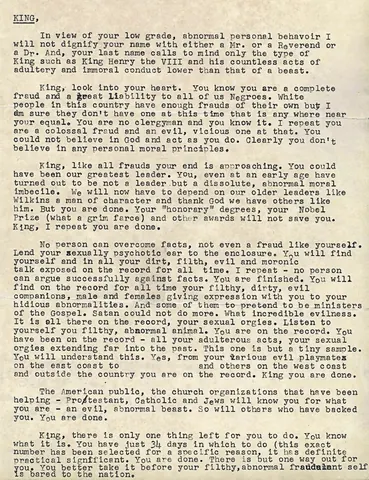 A letter sent anonymously by the FBI to Martin Luther King Jr. in 1964.
This is a higher resolution, unredacted version of File:Mlk-suicide-letter.JPG.