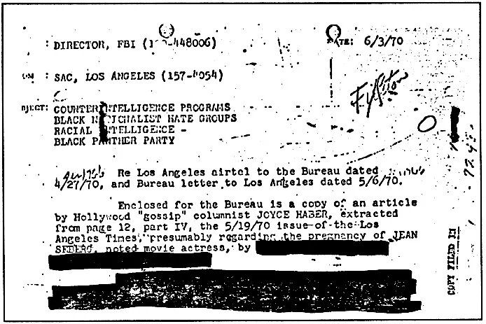 Exchange of information between FBI HQ and FBI Los Angelese, in plans to defame Jean Seberg.