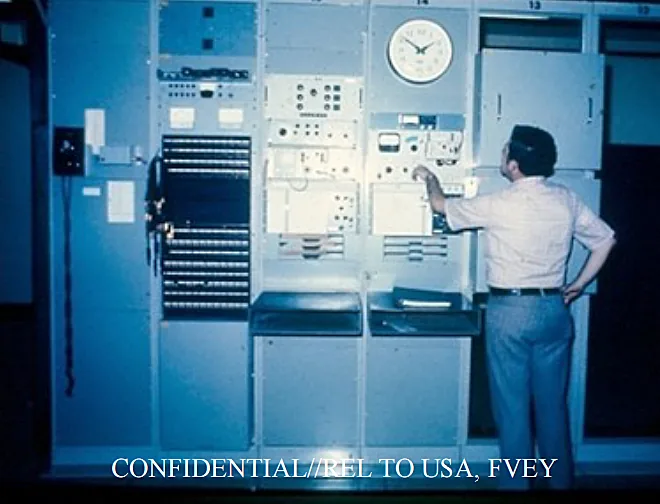 Equipment at the NSA's Yakima Research Station (YRS), which was part of the ECHELON program. Probably 1970s.