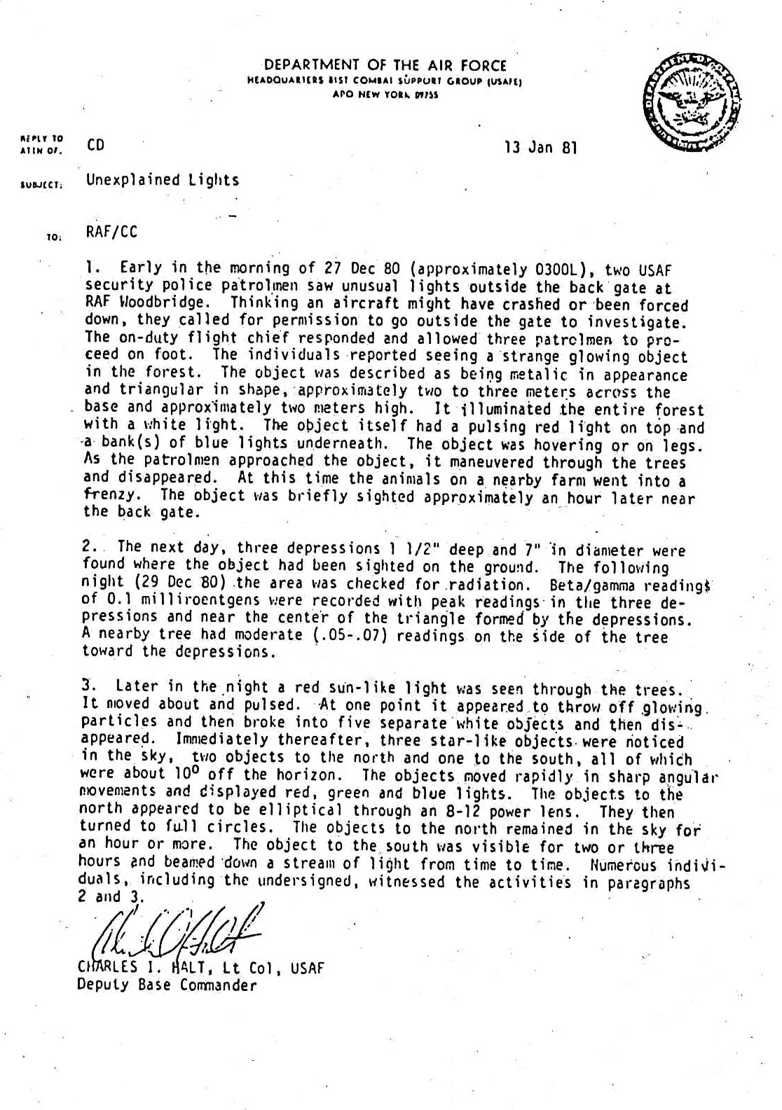 Memorandum by Lieutenant Colonel Charles Halt to the British Ministry of Defense regarding an incident in Rendlesham Forest, entitled "Unexplained Lights".