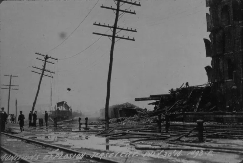 Aftermath of the Black Tom explosion, an act of sabotage on American ammunition supplies by German agents which took place on July 30, 1916 in Jersey City, New Jersey.