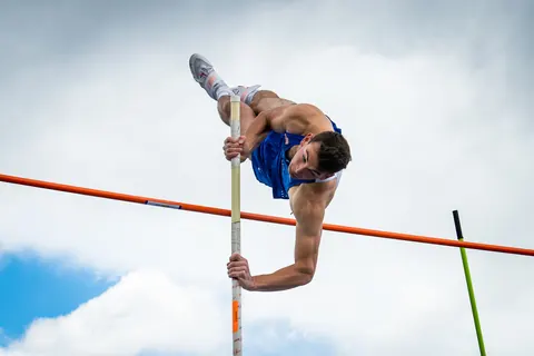 U.S. Air Force Academy cadet Ben Charlebois competes in the pole vault competition during the Twilight Open at the Cadet Outdoor Track and Field Complex in Colorado Springs, Colo., May 5, 2023. The team concluded their regular season by rec