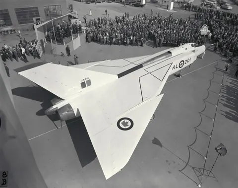 The first Avro Arrow, RL-201, is officially rolled out on 4 October 1957. Libraries and Archives Canada MIKAN 3596416, PA-210520