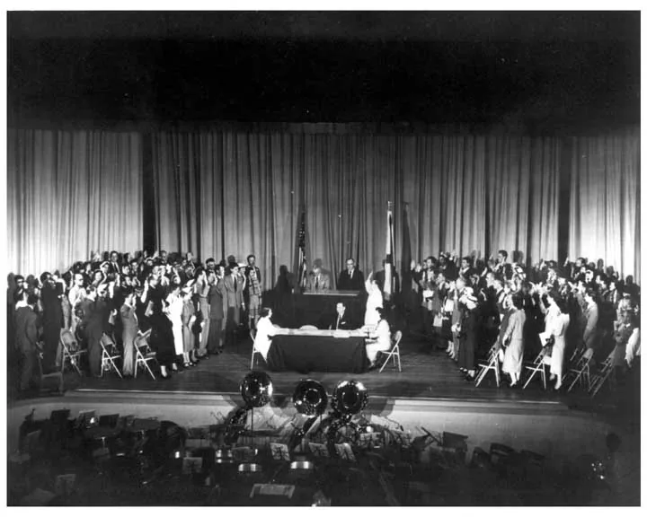 Thirty-nine of the German-born scientists at the U.S. Redstone Arsenal, along with the wives of two of the Operation Paperclip group, were sworn in as U.S. citizens at a 1954 naturalization ceremony.