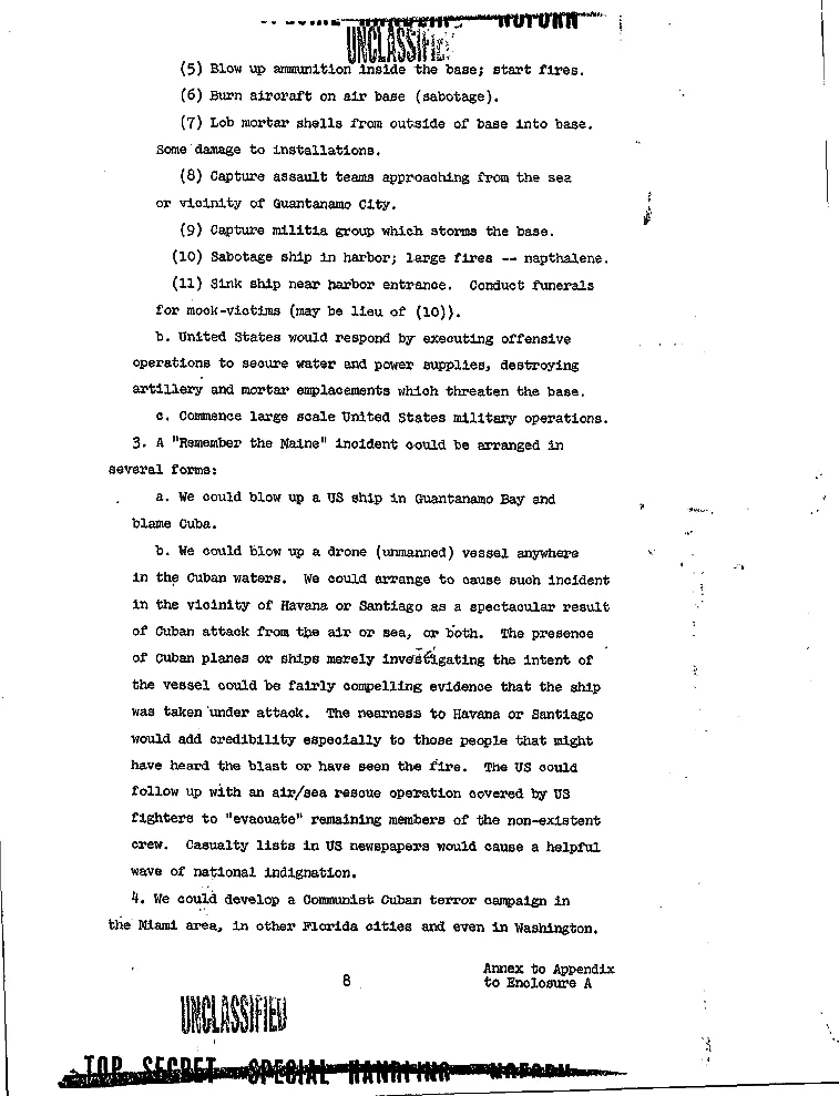 Actual photo of the Northwoods Memorandum for the U.S. Secretary of Defense (March 13, 1962) titled: "Justification for U.S. Military Intervention in Cuba (TS)", page 8. Taken from: Page 1: image:NorthwoodsMemorandum.png
