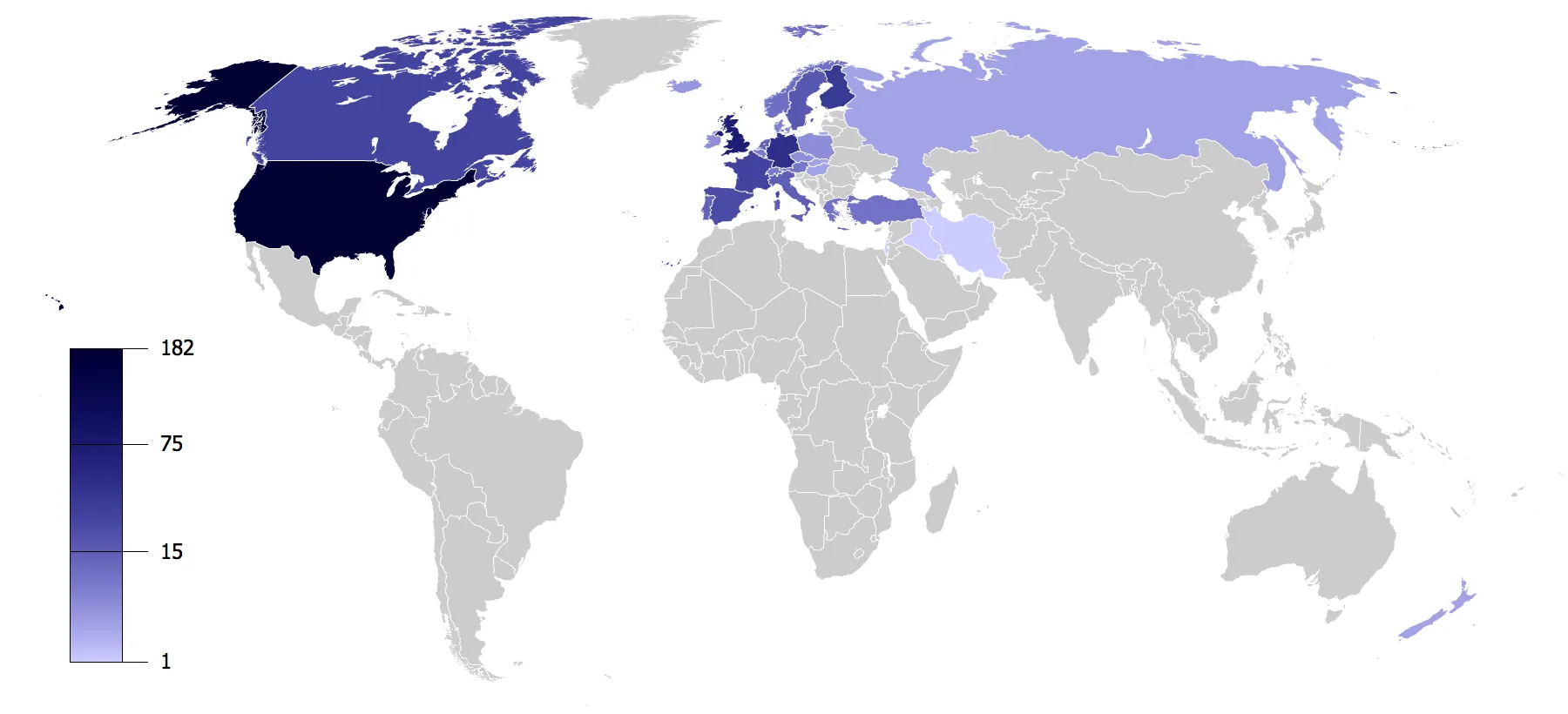 Map of countries by the number of politicians, which have attended one or more conferences organized by the Bilderberg Group.