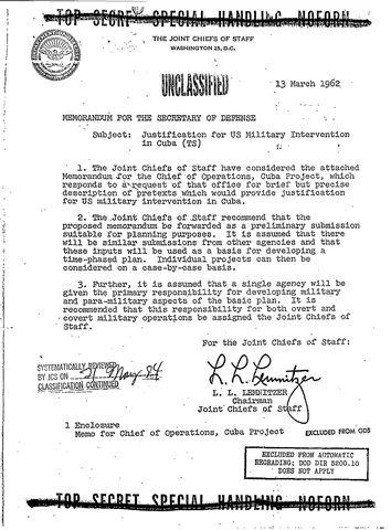Actual photo of the Northwoods Memorandum for the U.S. Secretary of Defense (March 13, 1962) titled: "Justification for U.S. Military Intervention in Cuba (TS)". Taken from: Improved versions:
this 1st page: image:NorthwoodsMemorandum.png