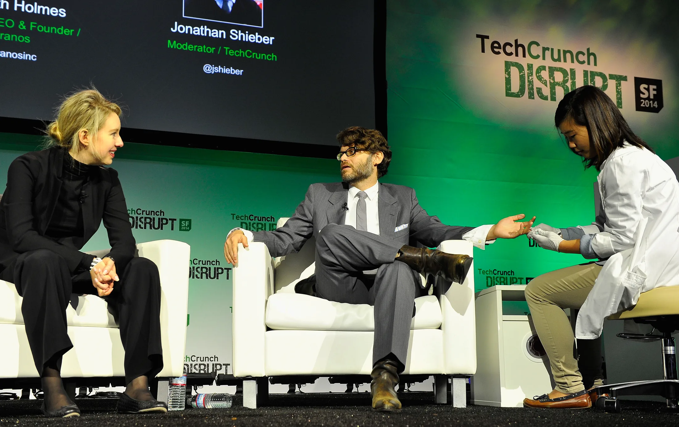SAN FRANCISCO, CA - SEPTEMBER 08:  Theranos Chairman, CEO and Founder Elizabeth Holmes (L) and TechCrunch Writer and Moderator Jonathan Shieber speak onstage at TechCrunch Disrupt at Pier 48 on September 8, 2014 in San Francisco, California
